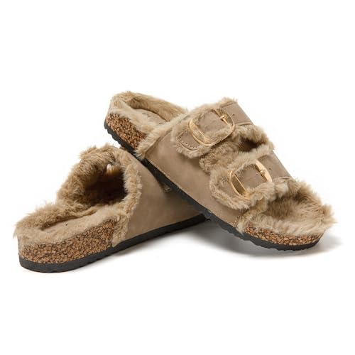 JOMIX Pantoletten Damen Plateau Pantoffeln Winter Hausschuhe Plüsch Clogs Bequeme Kork Fußbett Outdoor Slippers