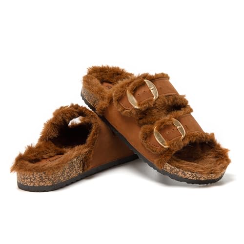 JOMIX Pantoletten Damen Plateau Pantoffeln Winter Hausschuhe Plüsch Clogs Bequeme Kork Fußbett Outdoor Slippers