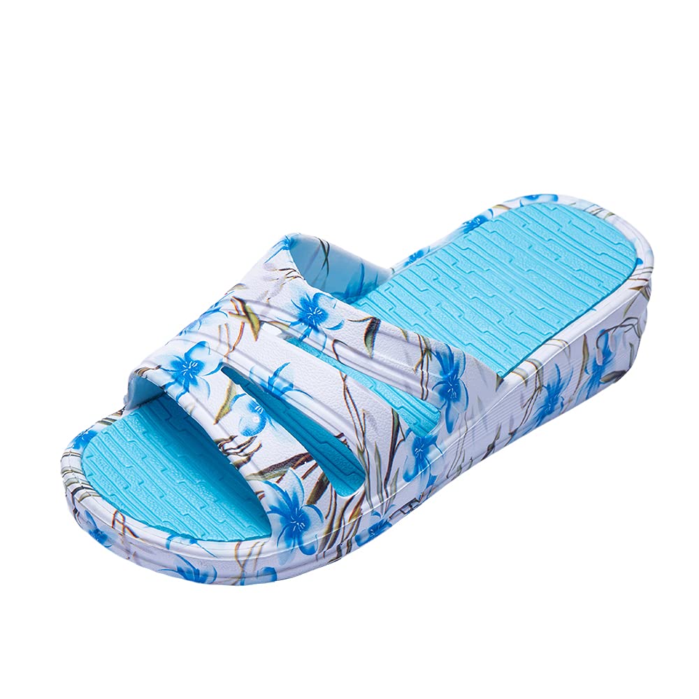 JOMIX Pantoletten Damen Sommer Bunte Badeschuhe mit Fussbett Flache Rutschfest Badelatschen Meer Pool Strand Schwimmen Schnalle Schlappen
