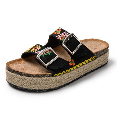 JOMIX Pantoletten Damen Sommer Sandalen mit Kork Fußbett Elegant Plateau Hausschuhe Weiche Verstellbaren Riemen Bequeme Meer Strand Slides