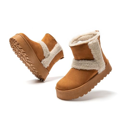 JOMIX Schneestiefel Damen Klassische Kunstwildleder Stiefel Gefüttert Lammfell Slip On Stiefeletten