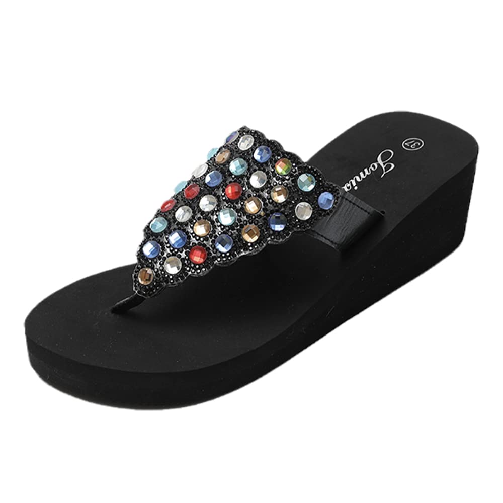 JOMIX Sommer Sandalen Keilabsatz Flip Flops Damen Elegant Zehentrenner Damen Glitzer Strasssteine Sandaletten Weiche Fußbett Pool Meer Strand Outdoor