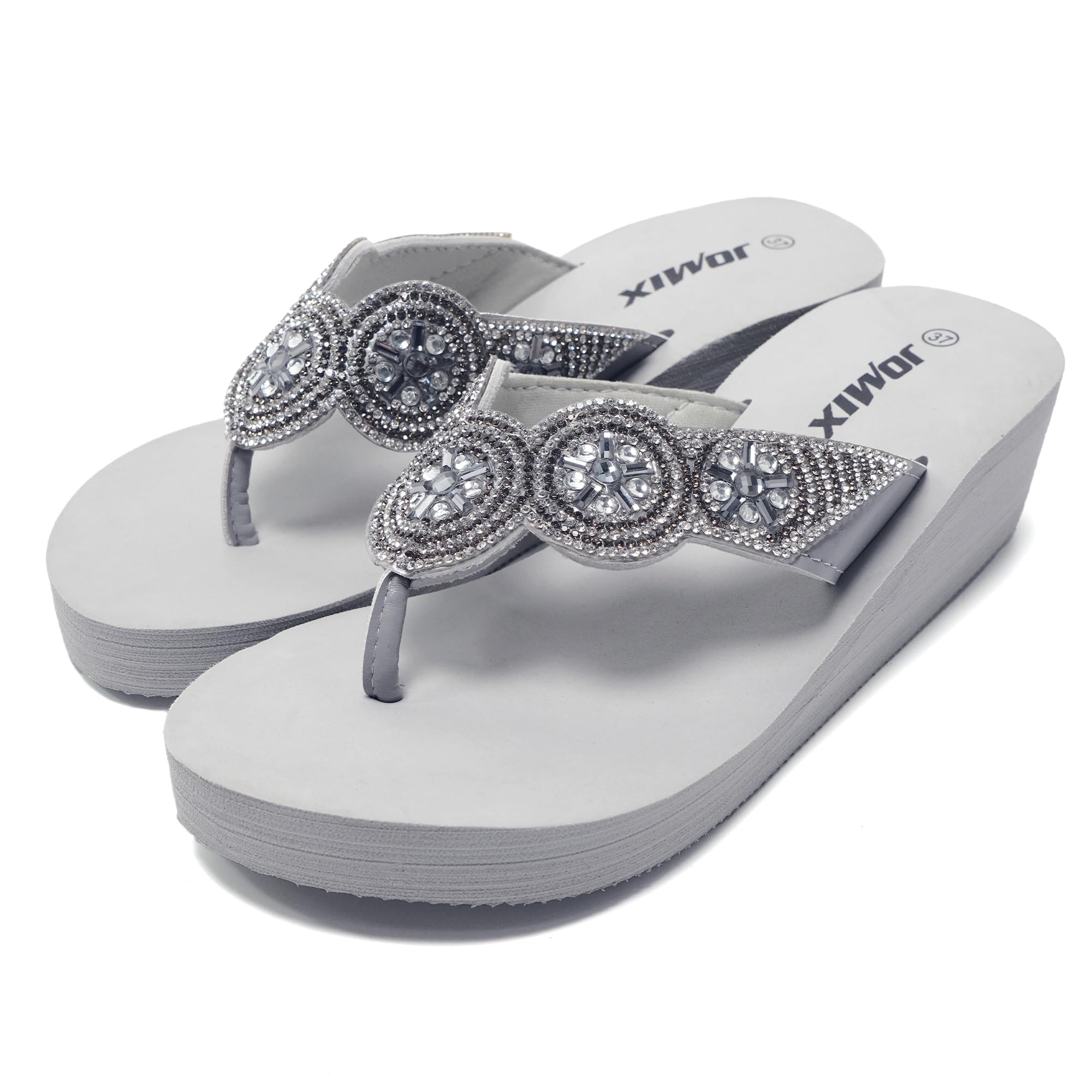 JOMIX Sommer Sandalen Keilabsatz Flip Flops Damen Elegant Zehentrenner Damen Glitzer Strasssteine Sandaletten Weiche Fußbett Pool Meer Strand Outdoor