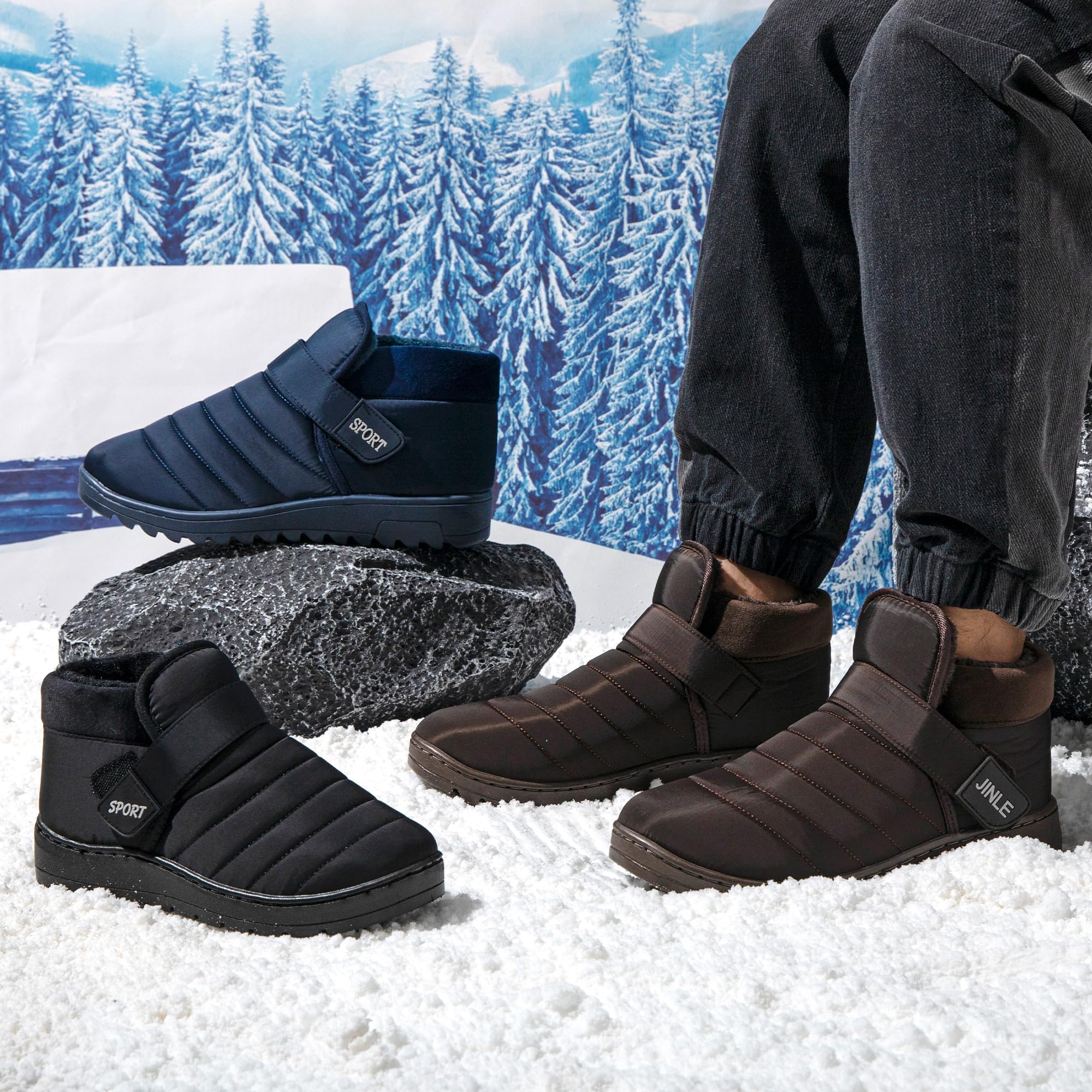 JOMIX Unisex Winter Stiefeletten Warme Gefüttert Winterstiefel Puff Klettverschluss Winterschuhe Herren Antirutsch Sohle Stiefel Outdoor Boots