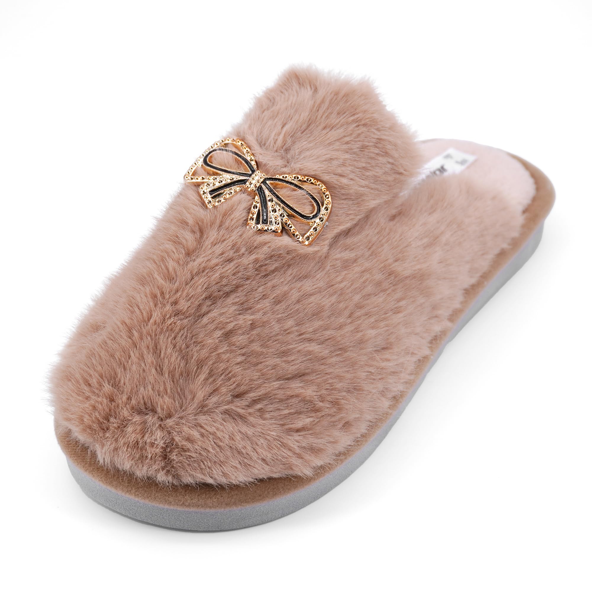 JOMIX Winter Hausschuhe Damen Plüschige Warme Pantoletten Mit Strassschleife Rutschfest und Bequem