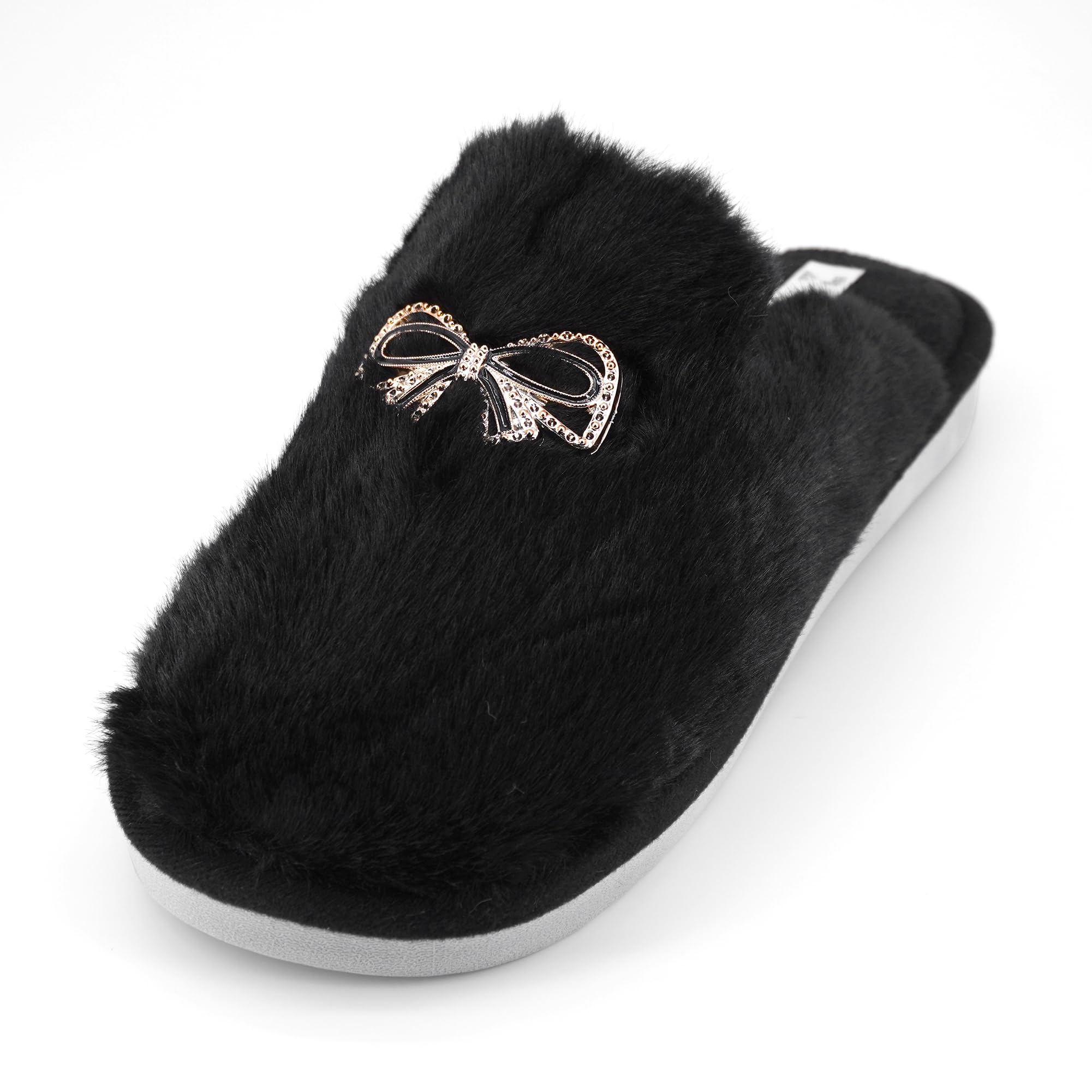 JOMIX Winter Hausschuhe Damen Plüschige Warme Pantoletten Mit Strassschleife Rutschfest und Bequem