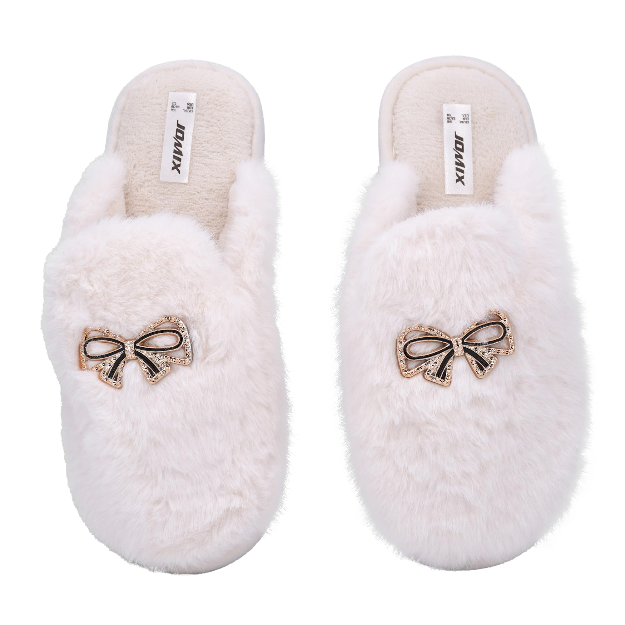 JOMIX Winter Hausschuhe Damen Plüschige Warme Pantoletten Mit Strassschleife Rutschfest und Bequem