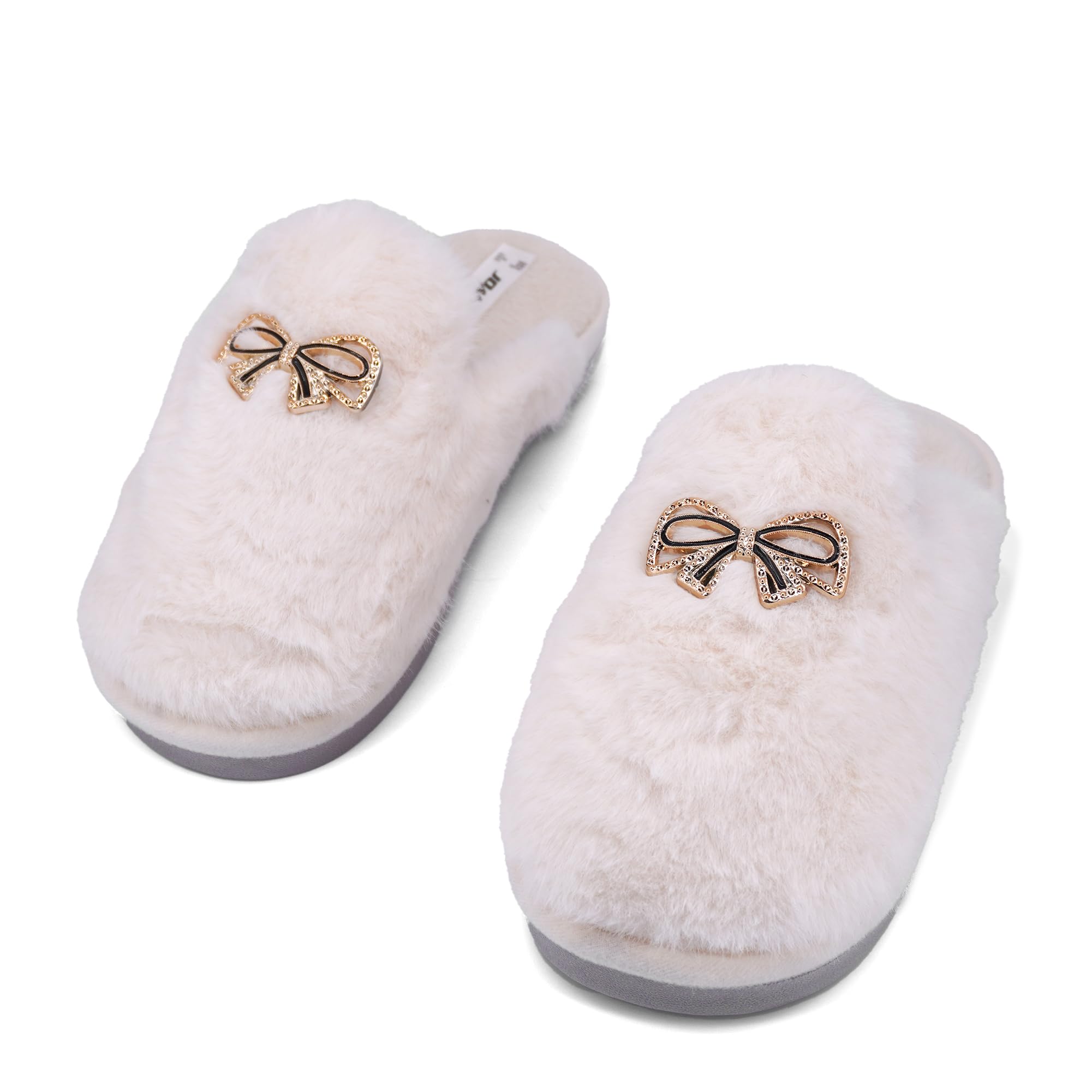 JOMIX Winter Hausschuhe Damen Plüschige Warme Pantoletten Mit Strassschleife Rutschfest und Bequem