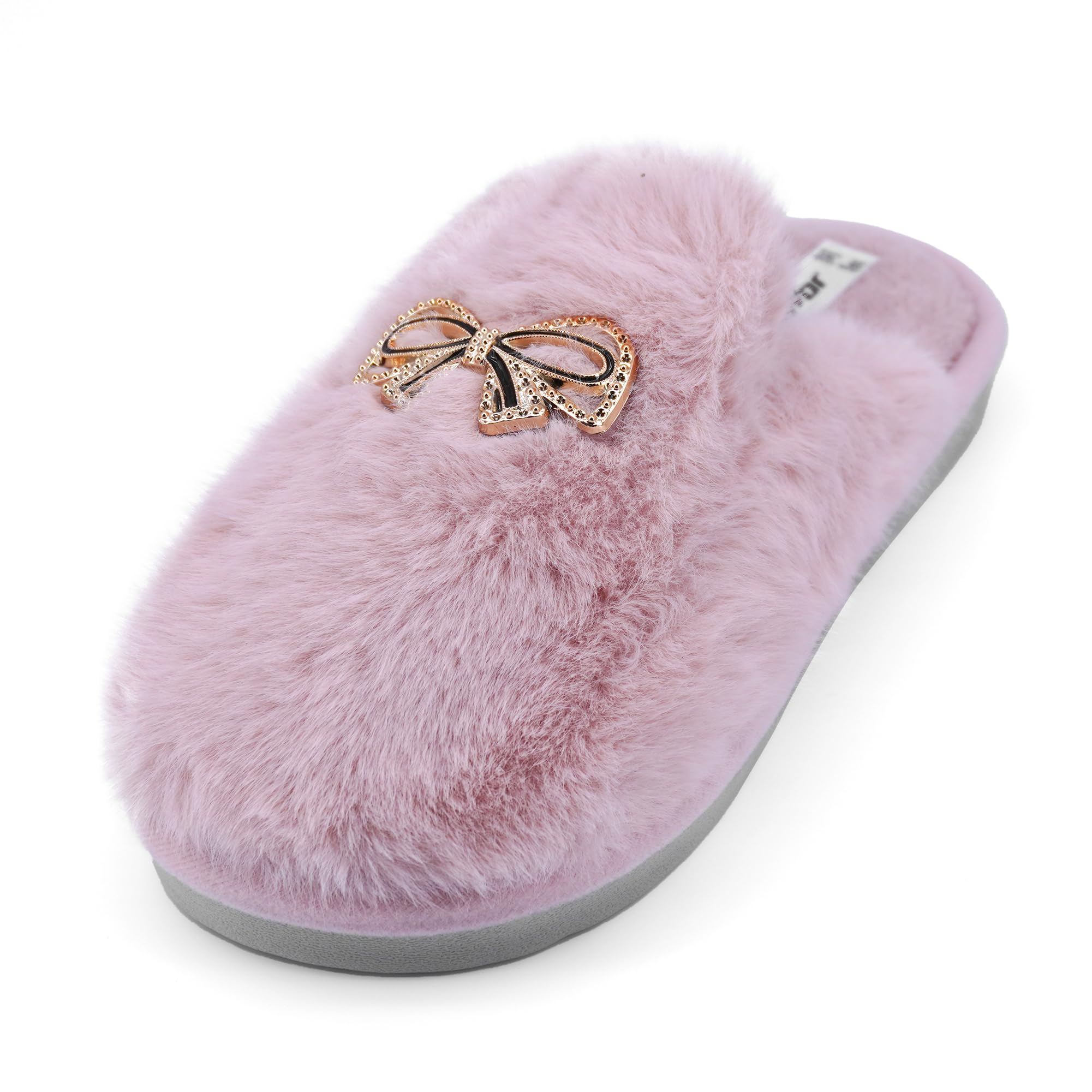 JOMIX Winter Hausschuhe Damen Plüschige Warme Pantoletten Mit Strassschleife Rutschfest und Bequem