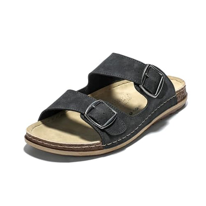 JOMIX Pantoletten Herren Sommer Elegant Hausschuhe mit Verstellbarer Rieme Atmungsaktiv Leichte Leder Sandalen Flache Strand Sommerschuhe Slipper
