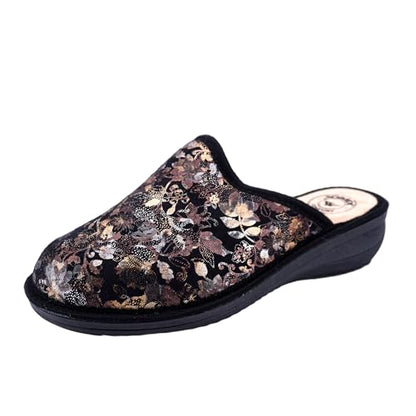 JOMIX Damen Hausschuhe Winter Bequem Geschlossen mit Keil Absatz Florales Glänzendes Muster Rutschfeste Sohle Warm Made in Italy
