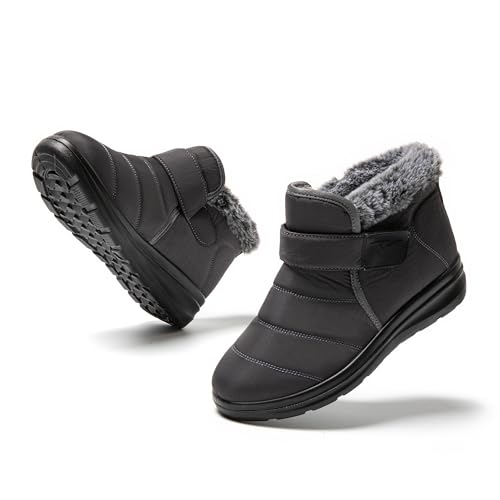 JOMIX Winterschuhe Damen Winterstiefel mit Klettverschluss Warme Hausschuhe Plüsch Wasserdicht Gefüttert Schuhe Rutschfest Outdoor Schuhe Plateau