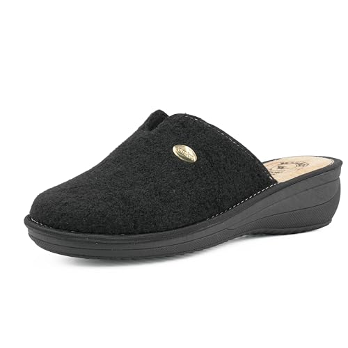 JOMIX Hausschuhe Damen Pantoletten mit Absatz Winter Bequeme Filzpantoffeln Warme Clogs Made in Italy