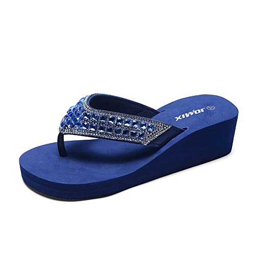 JOMIX Sommer Sandalen Keilabsatz Flip Flops Damen Elegant Zehentrenner Damen Glitzer Strasssteine Sandaletten Weiche Fußbett Pool Meer Strand Outdoor