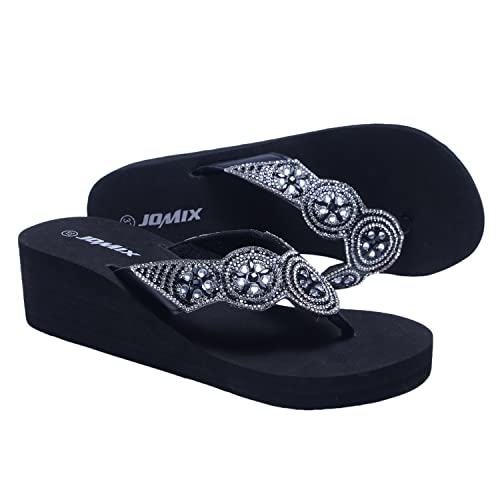 JOMIX Sommer Sandalen Keilabsatz Flip Flops Damen Elegant Zehentrenner Damen Glitzer Strasssteine Sandaletten Weiche Fußbett Pool Meer Strand Outdoor