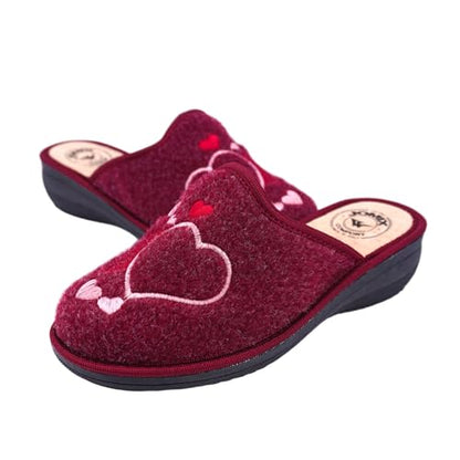 JOMIX Damen Hausschuhe Winter Bequeme Pantoffeln Niedriger Keilabsatz aus Filz mit Gestickten Herzen Warm Weich Rutschfest Made in Italy