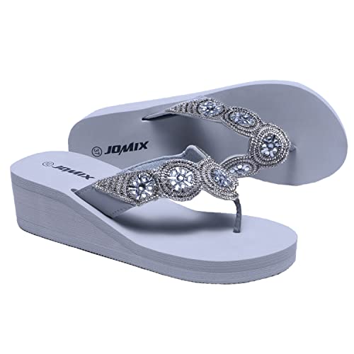 JOMIX Sommer Sandalen Keilabsatz Flip Flops Damen Elegant Zehentrenner Damen Glitzer Strasssteine Sandaletten Weiche Fußbett Pool Meer Strand Outdoor