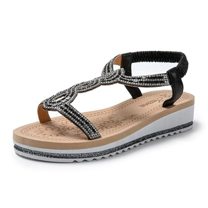 JOMIX Damen Sandalen Glitzer Bohemian Sandals mit Strass Bunte Strandschuhe Sommer Römersandalette
