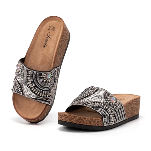 JOMIX Pantoletten Damen Glitzer Clogs Bohemian Bunte Sandalen mit Strassstein Plateau Bequeme Strand Kork Schuhe Sandals Römer Elegant Sandalette