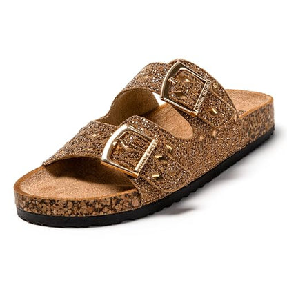 JOMIX Pantoletten Damen Glitzer Clogs Bohemian Bunte Sandalen mit Strass Plateau Bequeme Strand Kork Schuhe
