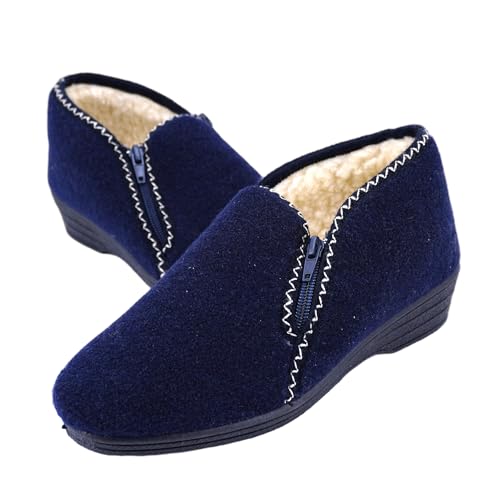 JOMIX Hausschuhe Damen Warm Gefüttert Pantoffeln Stiefelette Rutschfeste Gummisohle Hausstiefel mit Reißverschluss Knöchelhoch Filzoptik Made in Italy