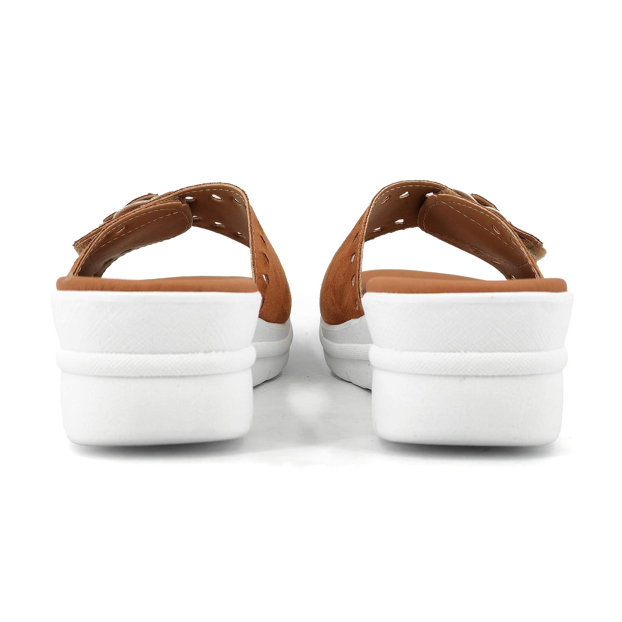 JOMIX Damen Pantoffeln mit Klettverschluss Leder Sandalen Sommer Plateau Pantoletten Keilabsatz Rutschfest Schlappen