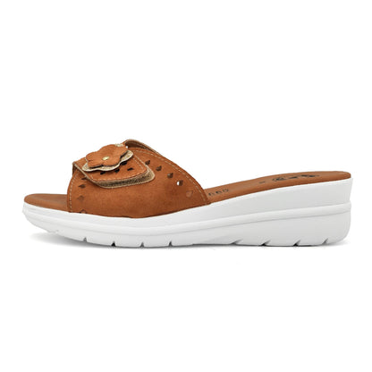 JOMIX Damen Pantoffeln mit Klettverschluss Leder Sandalen Sommer Plateau Pantoletten Keilabsatz Rutschfest Schlappen