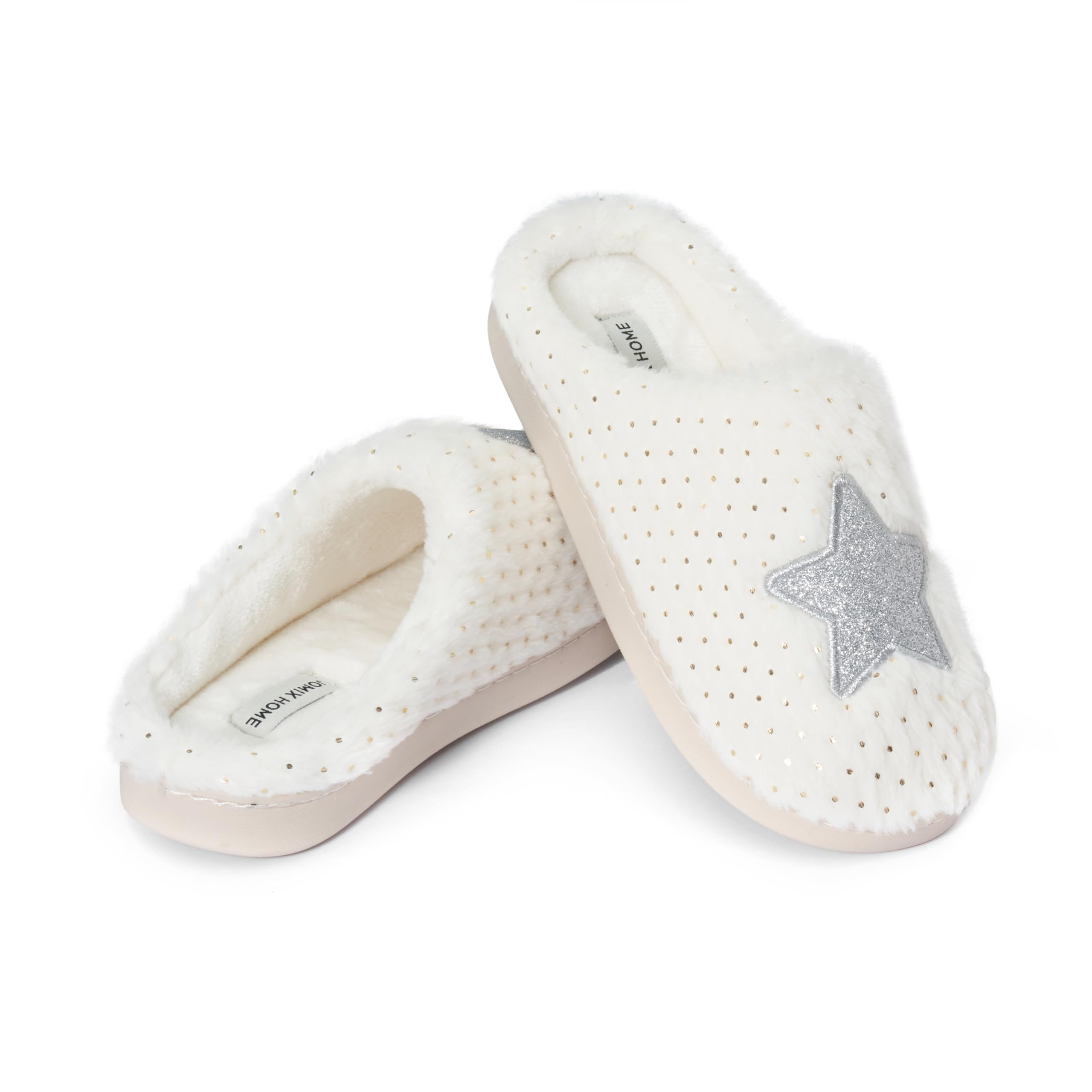 JOMIX Hausschuhe Damen Winter Pantoffeln mit Herzen Warme Schlappen mit Stern Gefütterte Plüsch Pantoletten mit Fußbett Rutschfeste Slippers