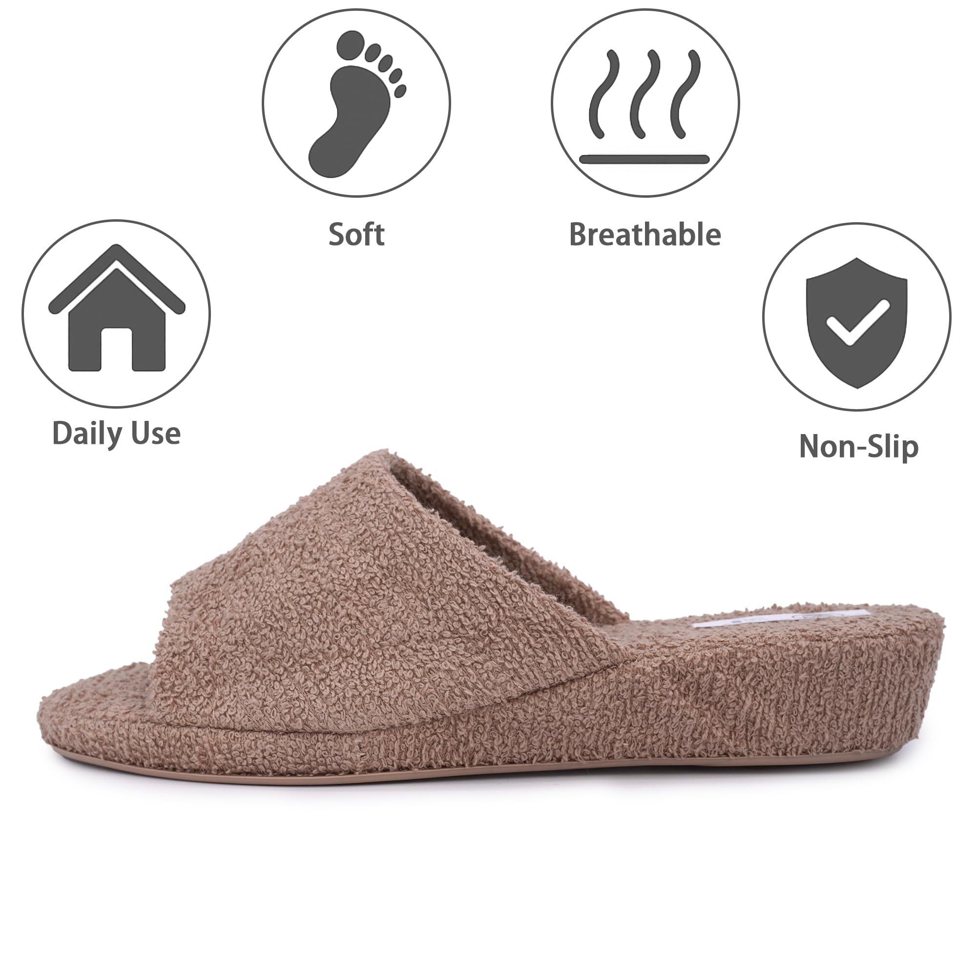 JOMIX Frottee Hausschuhe Damen Weiche Keilabsatz Pantoffeln Offen Bequeme Einfarbige Slipper Indoor