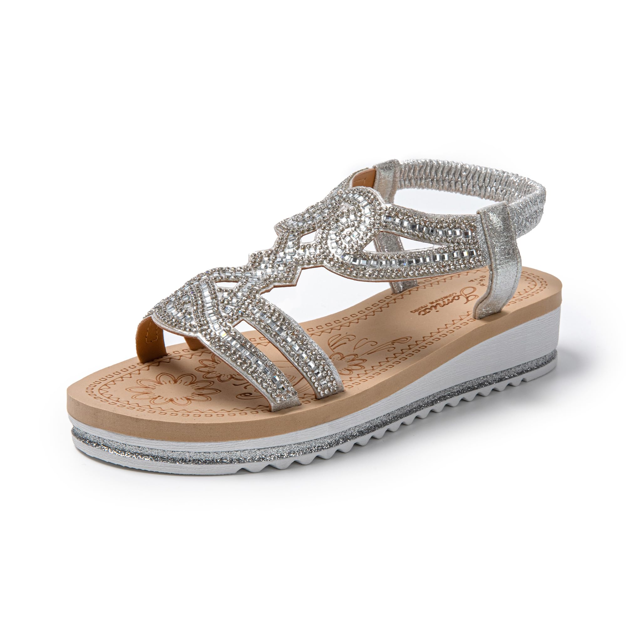 JOMIX Damen Sandalen Glitzer Bohemian Sandals mit Strass Bunte Strandschuhe Sommer Römersandalette