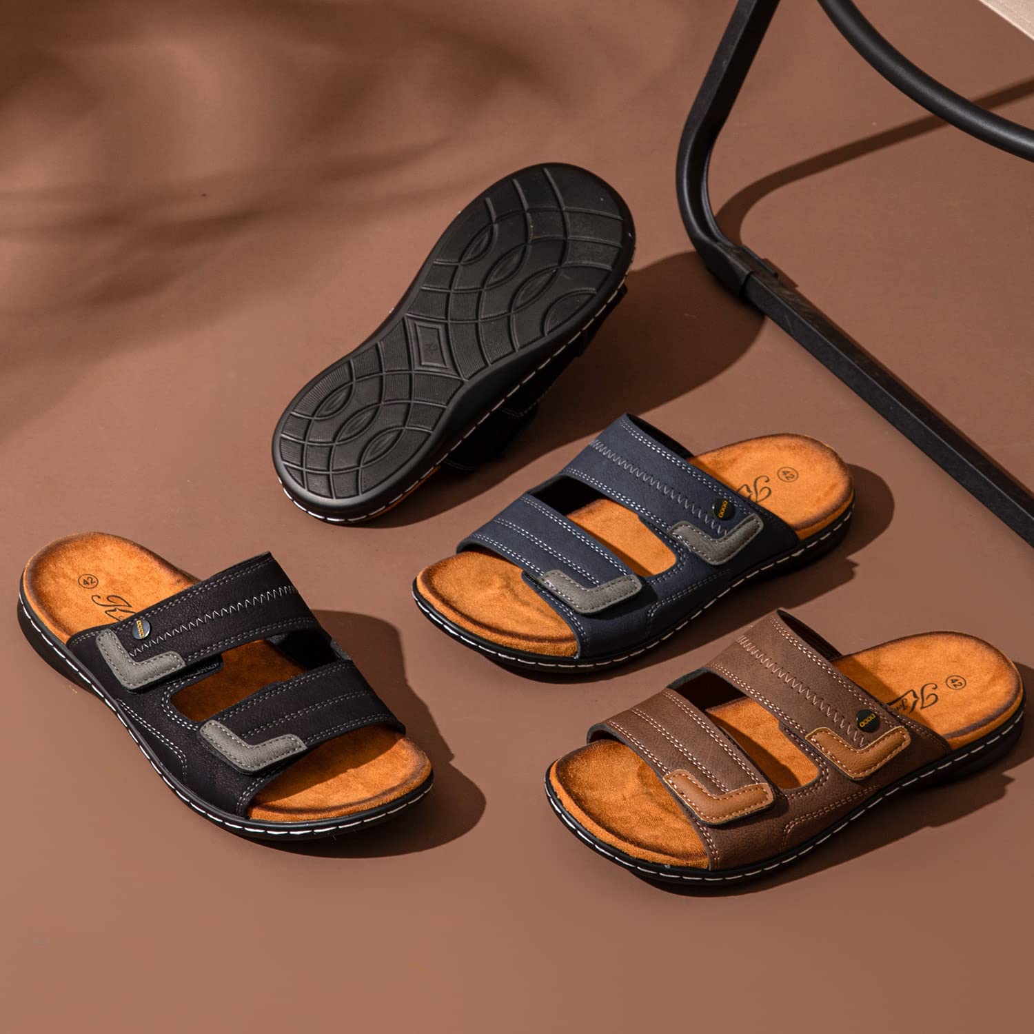 Jomix Sommer Sandalen Herren Weiche Kunstleder Pantoletten Herren Klettverschluss Latschen Rutschfeste Gummisohle Meer Strand Outdoor