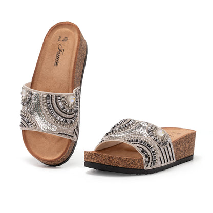 JOMIX Pantoletten Damen Glitzer Clogs Bohemian Bunte Sandalen mit Strassstein Plateau Bequeme Strand Kork Schuhe Sandals Römer Elegant Sandalette