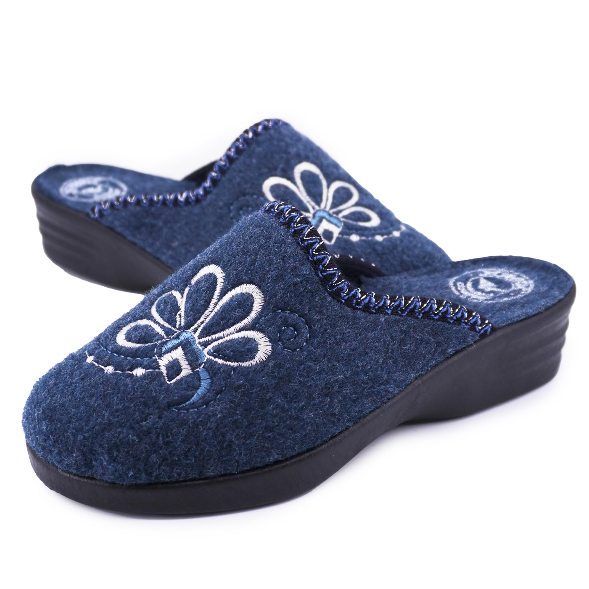 JOMIX Damen Hausschuhe Winter Made in Italy Bequem Weich mit Niedrigem Keil Blumenstickerei Elegant für Zuhause