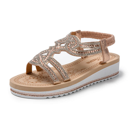 JOMIX Damen Sandalen Glitzer Bohemian Sandals mit Strass Bunte Strandschuhe Sommer Römersandalette