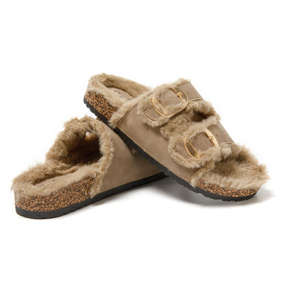 JOMIX Pantoletten Damen Plateau Pantoffeln Winter Hausschuhe Plüsch Clogs Bequeme Kork Fußbett Outdoor Slippers