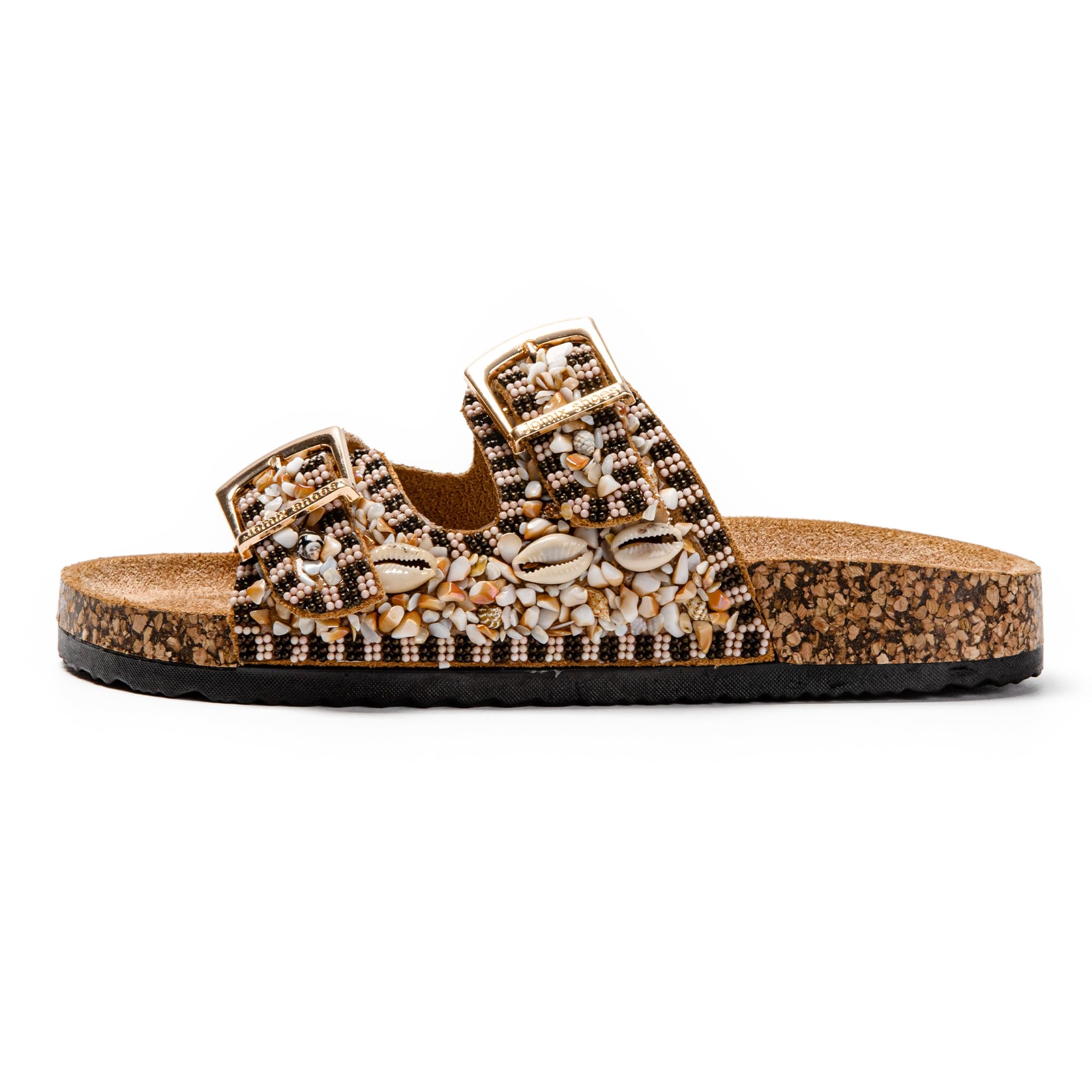 JOMIX Pantoletten Damen Glitzer Clogs Bohemian Bunte Sandalen mit Muscheln Plateau Bequeme Strand Kork Schuhe