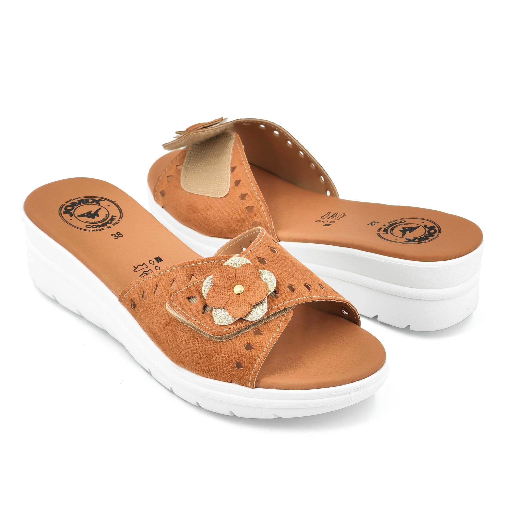 JOMIX Damen Pantoffeln mit Klettverschluss Leder Sandalen Sommer Plateau Pantoletten Keilabsatz Rutschfest Schlappen