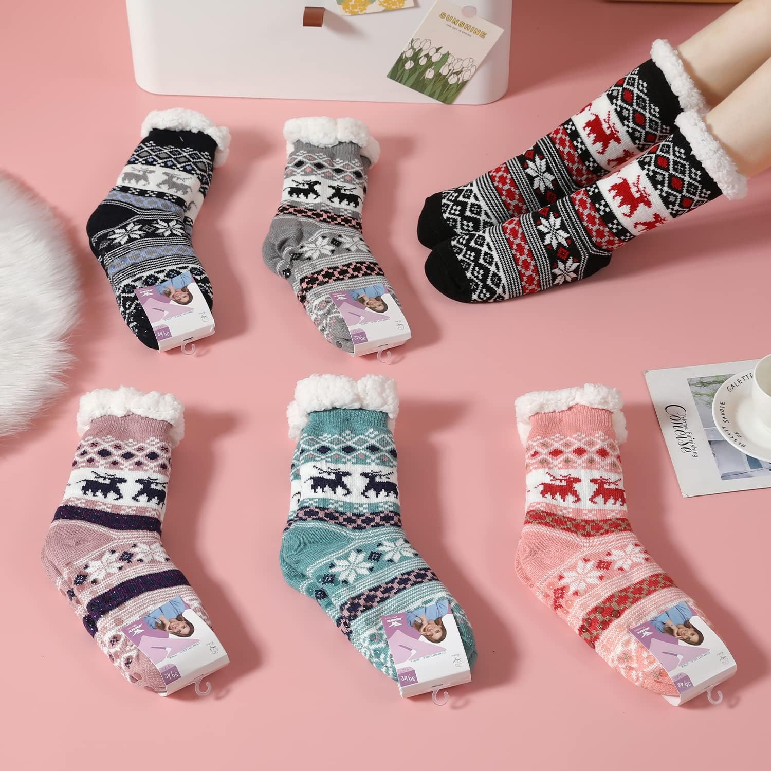 JOMIX Winter Stoppersocken Damen Dicke Socken Rutschfeste Hüttensocken Anti-Rutsch Sohle Flauschige Haussocken Plüschsocken