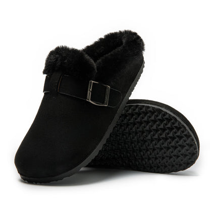 JOMIX Damen Hausschuhe Winter Warme Plüsch Gefüttert Pantoffeln Bequeme Flache Kunstwildleder Slippers mit Verstellbar Schnalle Indoor Outdoor