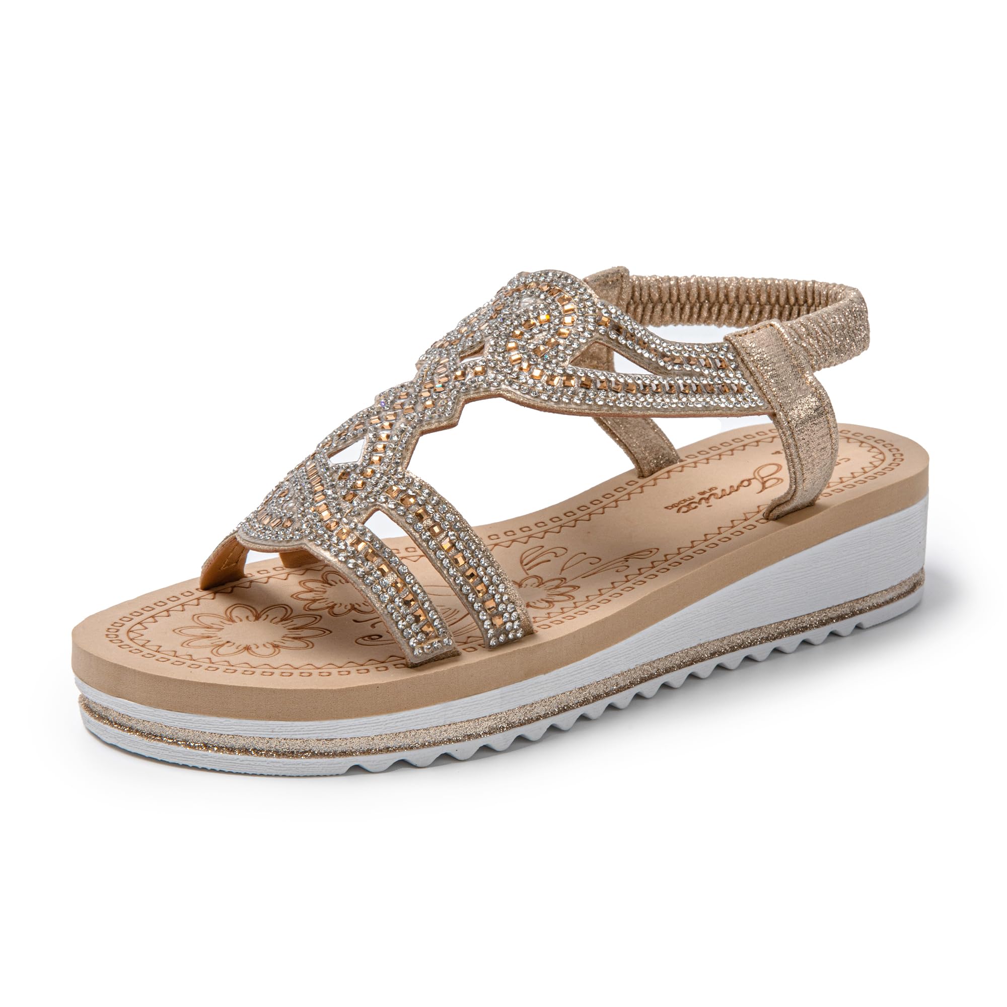 JOMIX Damen Sandalen Glitzer Bohemian Sandals mit Strass Bunte Strandschuhe Sommer Römersandalette