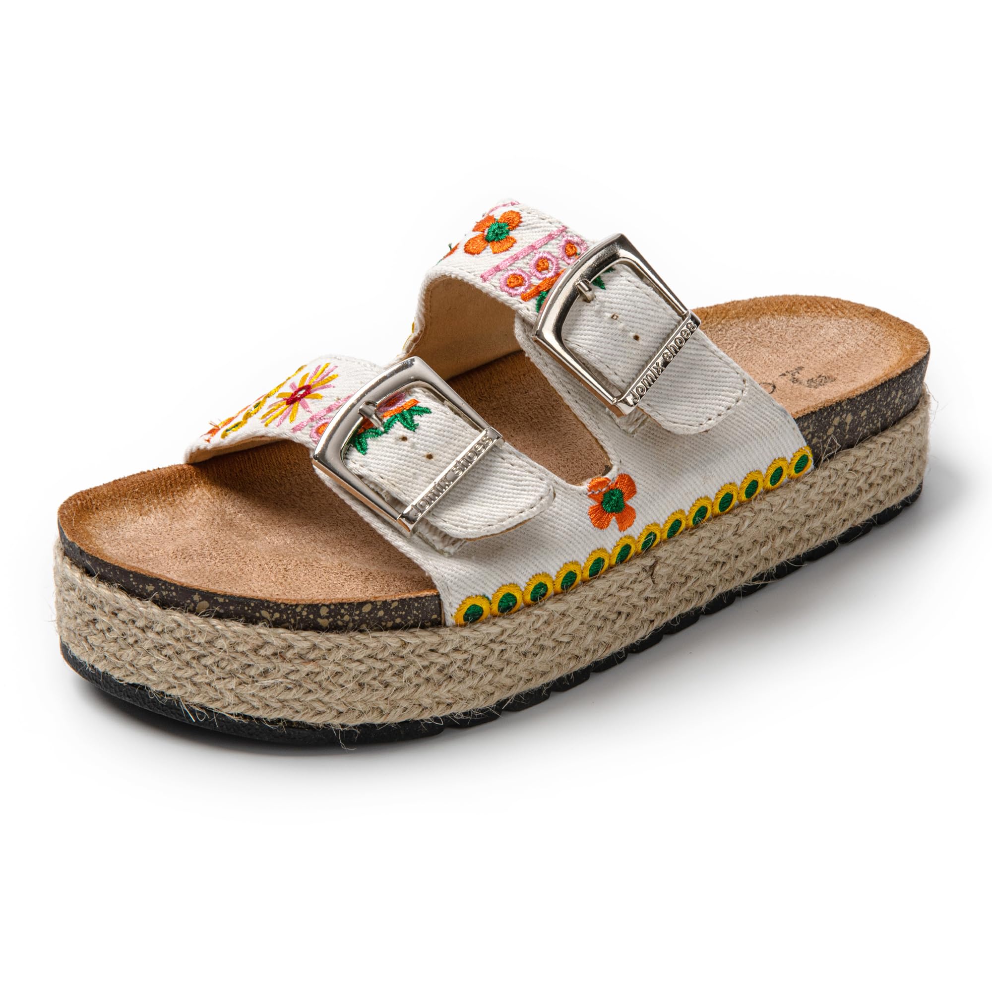 JOMIX Pantoletten Damen Sommer Sandalen mit Kork Fußbett Elegant Plateau Hausschuhe Weiche Verstellbaren Riemen Bequeme Meer Strand Slides
