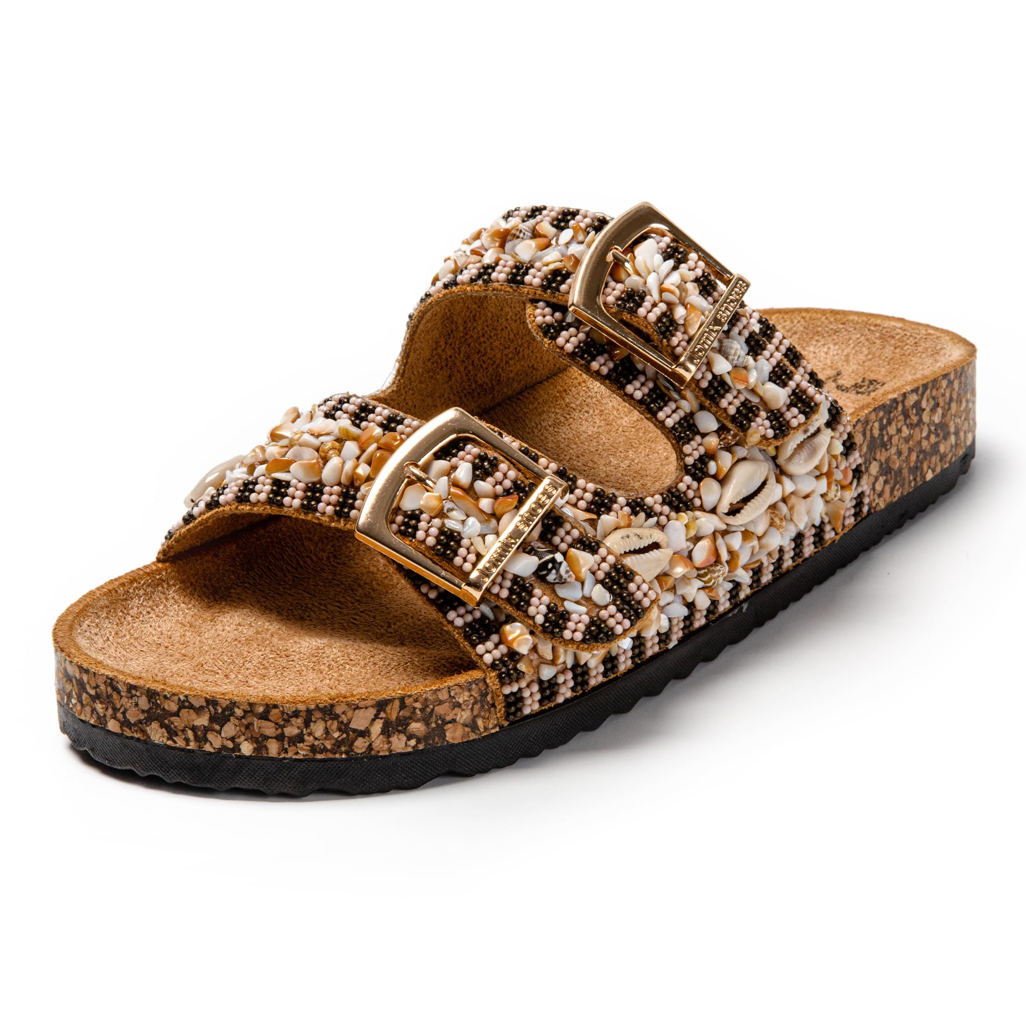 JOMIX Pantoletten Damen Glitzer Clogs Bohemian Bunte Sandalen mit Muscheln Plateau Bequeme Strand Kork Schuhe