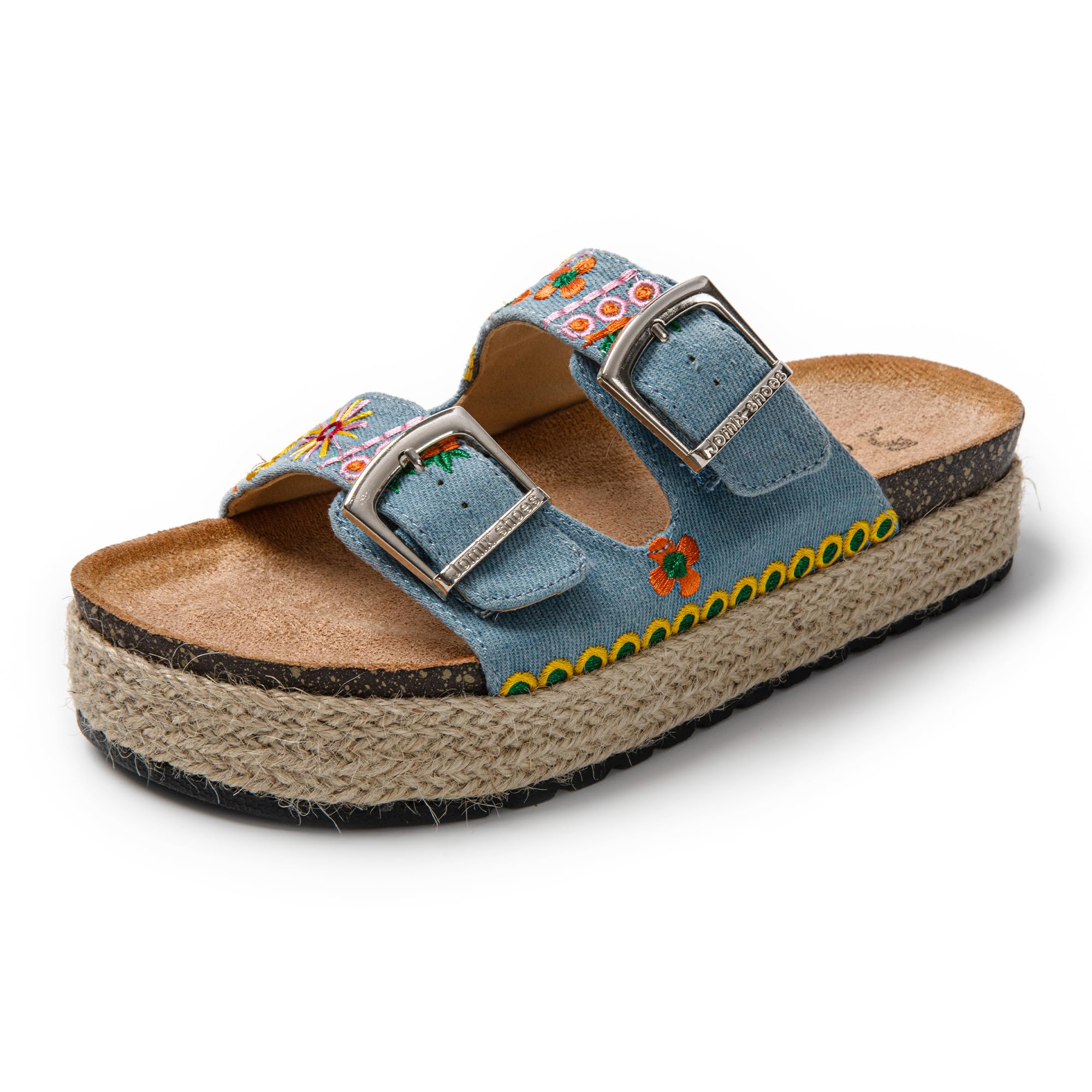 JOMIX Pantoletten Damen Sommer Sandalen mit Kork Fußbett Elegant Plateau Hausschuhe Weiche Verstellbaren Riemen Bequeme Meer Strand Slides