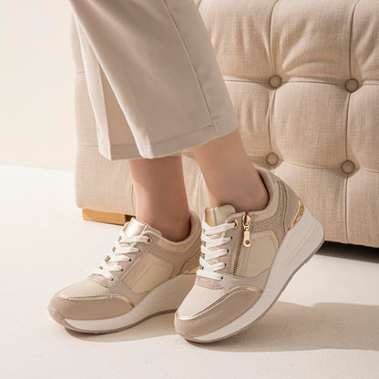 JOMIX Damen Sneaker mit Keilabsatz Mode Sportschuhe Bequeme Leder Freizeitschuhe Plateau Casual Schuhe