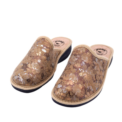 JOMIX Damen Hausschuhe Winter Bequem Geschlossen mit Keil Absatz Florales Glänzendes Muster Rutschfeste Sohle Warm Made in Italy