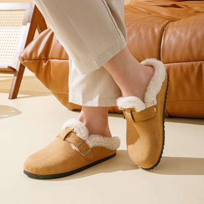 JOMIX Damen Hausschuhe Winter Warme Plüsch Gefüttert Pantoffeln Bequeme Flache Kunstwildleder Slippers mit Verstellbar Schnalle Indoor Outdoor