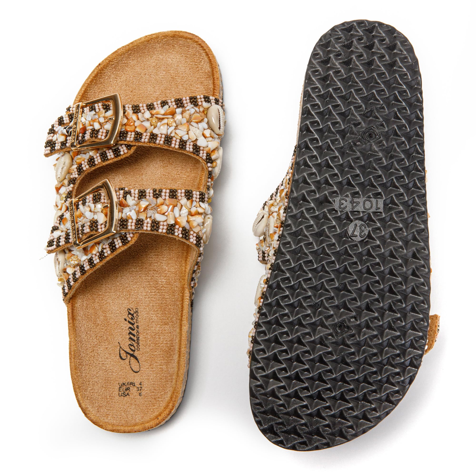 JOMIX Pantoletten Damen Glitzer Clogs Bohemian Bunte Sandalen mit Muscheln Plateau Bequeme Strand Kork Schuhe