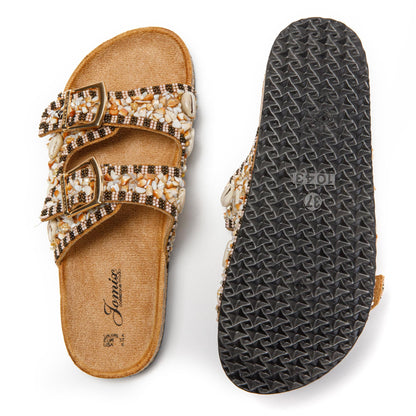 JOMIX Pantoletten Damen Glitzer Clogs Bohemian Bunte Sandalen mit Muscheln Plateau Bequeme Strand Kork Schuhe