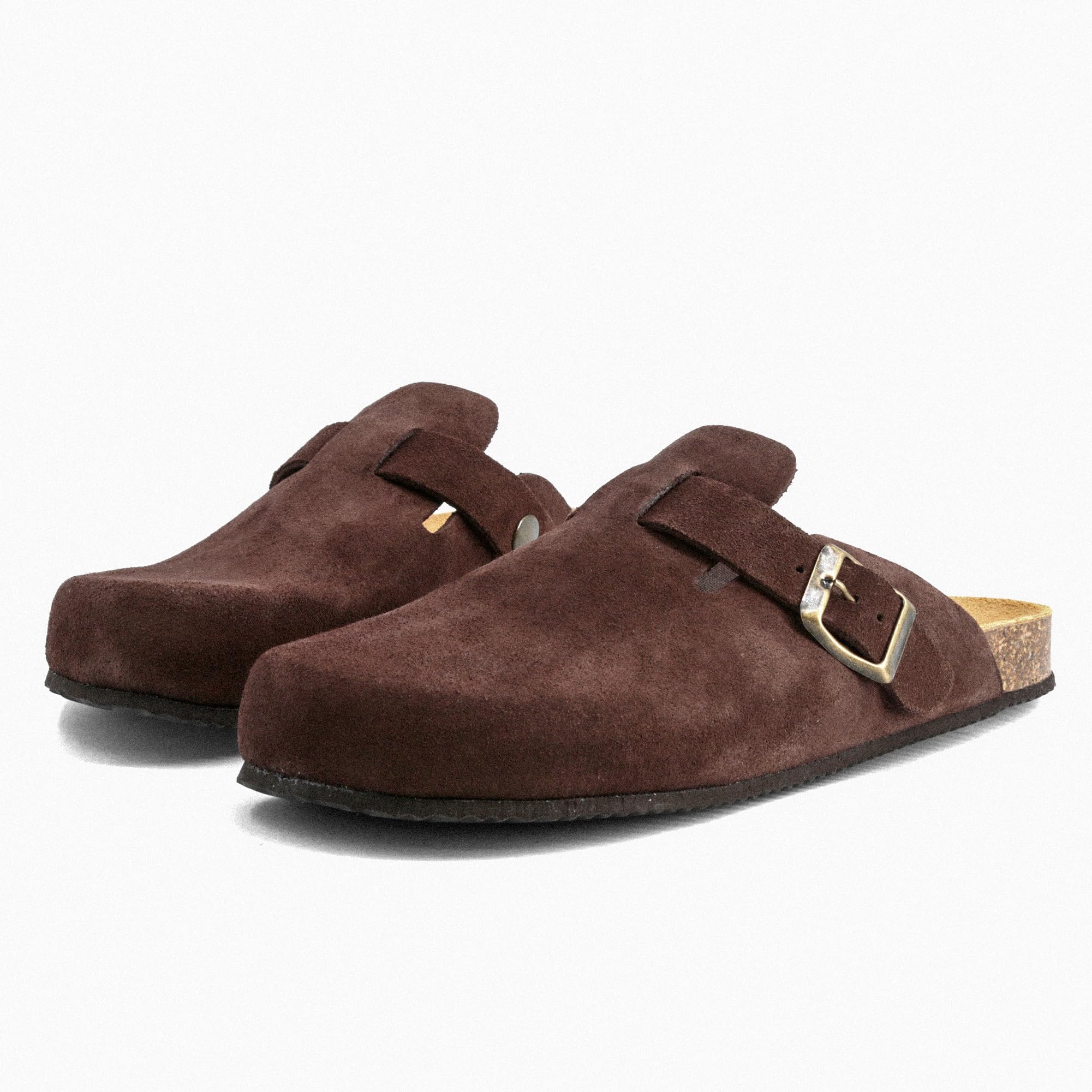 JOMIX Hausclogs Damen Pantoletten Geschlossen mit Schnalle Wildlederoptik Korkfußbett Rutschfeste EVA-Sohle Bequeme Mules Sabots für Zuhause Arbeit