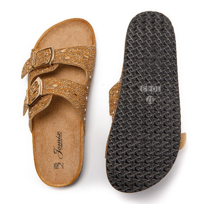 JOMIX Pantoletten Damen Glitzer Clogs Bohemian Bunte Sandalen mit Strass Plateau Bequeme Strand Kork Schuhe